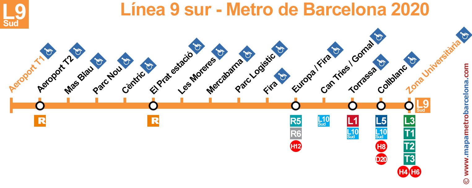 mapa linea 9 barcelona Line 9 (orange L9) Barcelona Metro. Updated 2020.